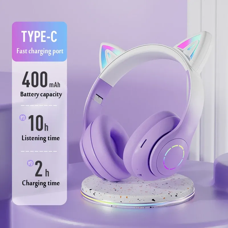 Écouteur de casque Cat Cochet Bluetooth Musique sans fil Couleur Couleur Couleur LED LED AVEC MIC GAMER EARPHE