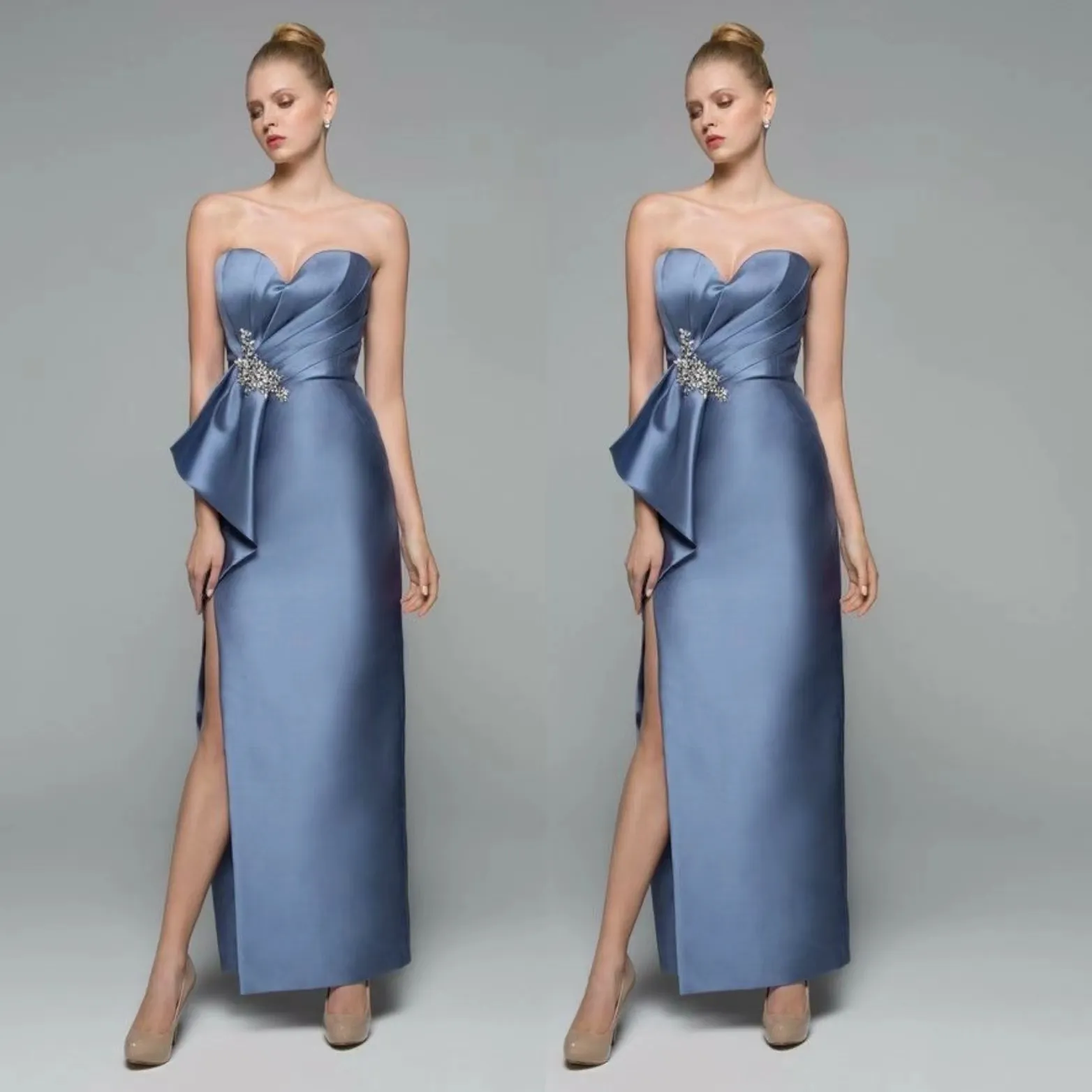 Elegant Long Blue Lace Satin Mother of the Bride Dresses with Jacket