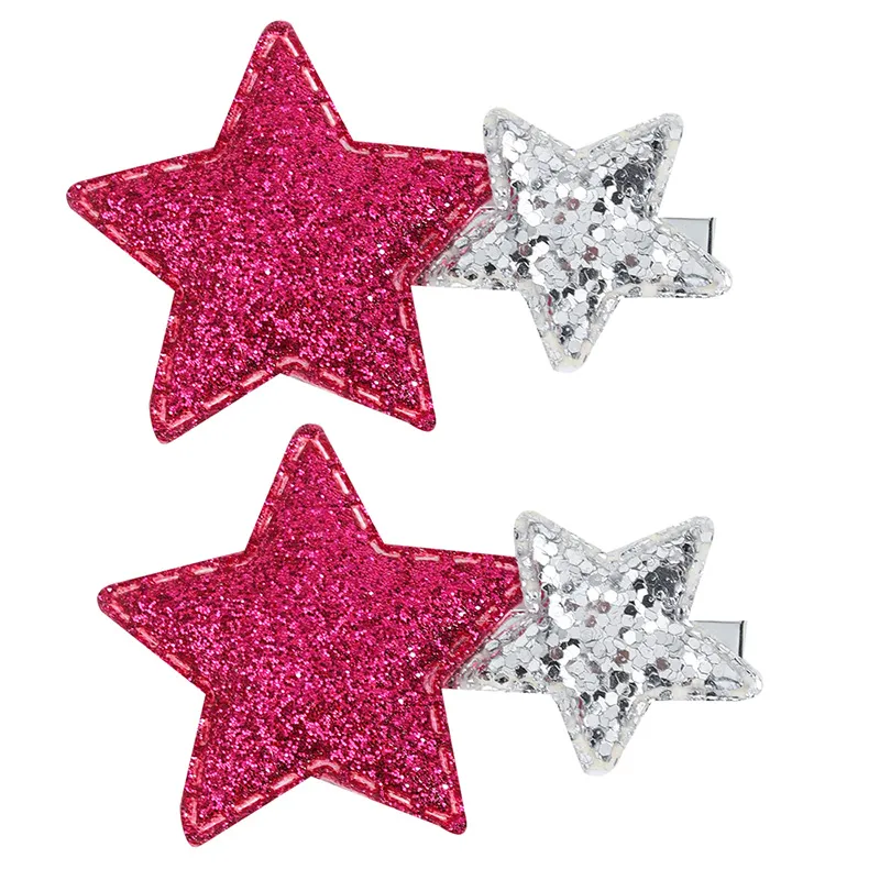 2-Pack 3CM Silver Star Hair Clips with Pink Barrettes for