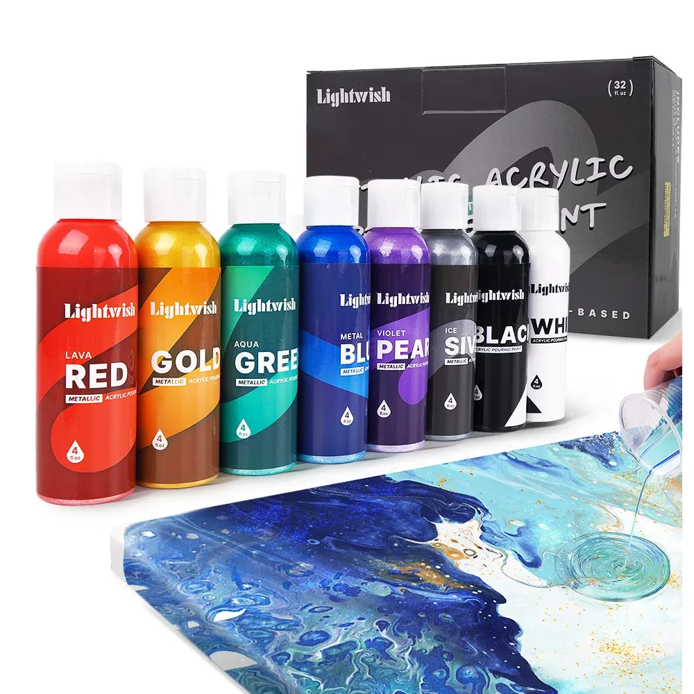 Lifestyle 8 Metallic Colors Acrylic Pouring Paint 118ml Tube High Flow Fabric Paint Drawing Tool for Canvas Glass Paper Wood Tile Stone