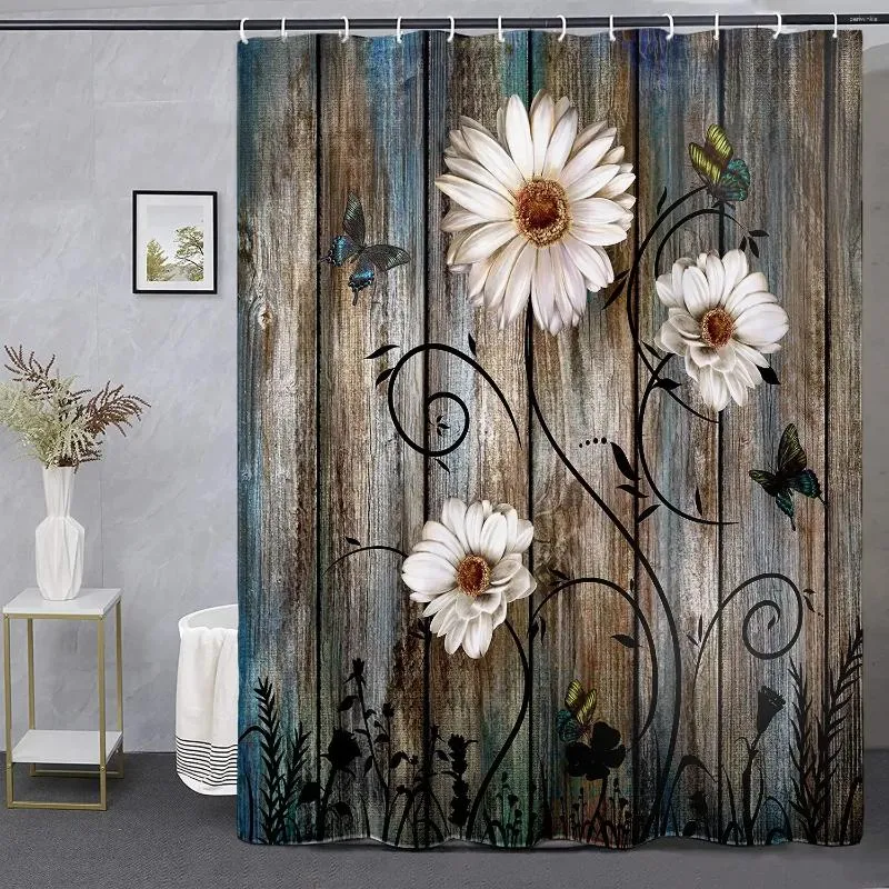Douche gordijnen rustiek houten paneel bloemgordijn vintage vlinder daisy boerderij stijl badkamer decor met haken