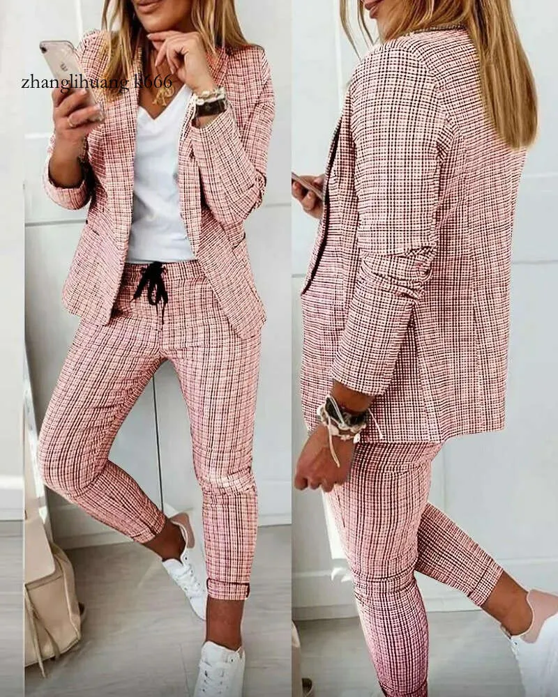 Pièce 2024 Femme à deux pantalons décontractés à carreau à plaid Blazer Coat DrawString Set 2024 AUTOMMES FEMMES AUTOM