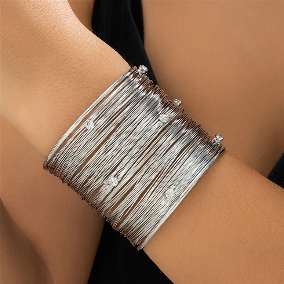 Multilayer Metal Wire Cuff Bracelet with Rhinestone for Women and