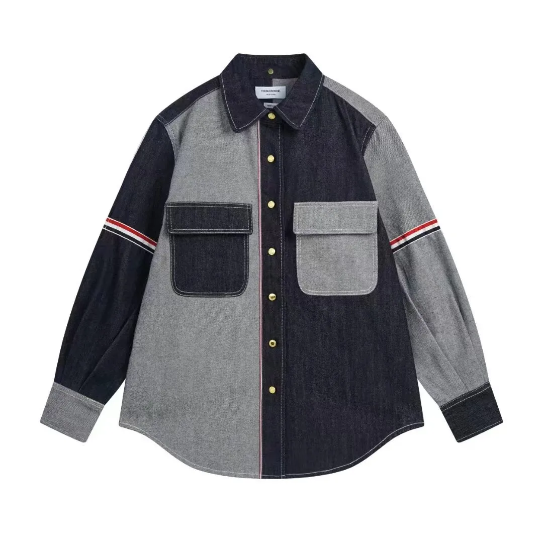 Designer Unisex Cotton Denim Patchwork Long Sleeve Denim Shirt