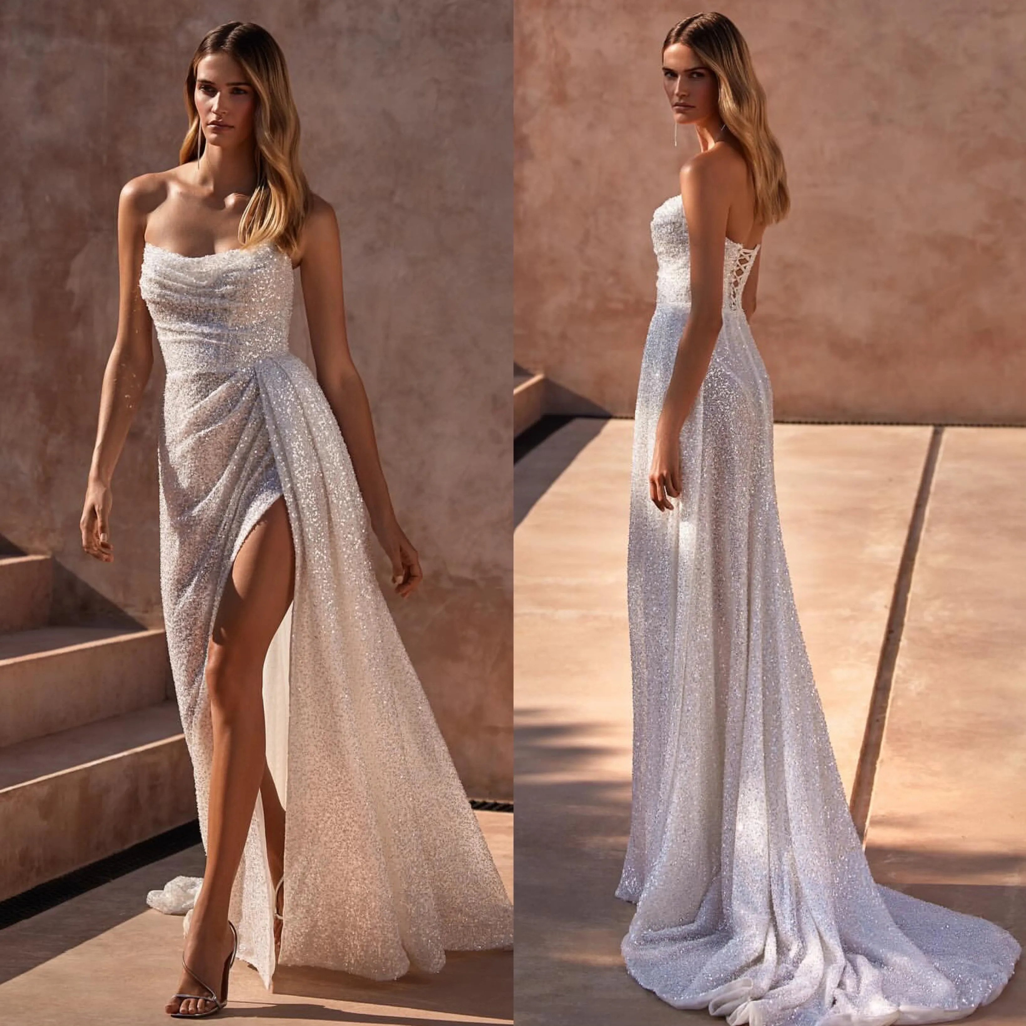 Milla Nova Wedding Dress for bride glitter strapless sequins Wedding Dresses bridal gowns Thigh Slit robe de mariee backless bride dress