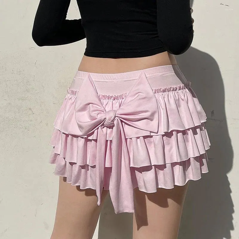 Spódnice różowe łuk plisowane mini y2K solid A-line kawaii lolita ruffle seksowna balet swobodny krótki sukienka dla kobiet
