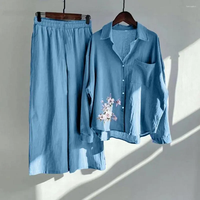 Pantalones de dos piezas para mujeres Traje de camisa para mujeres Tocado con estampado floral de pierna ancha con bolsillos de cintura con cordón