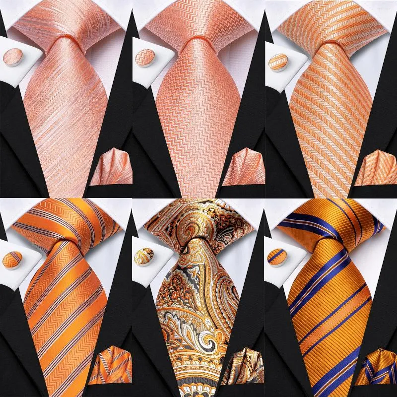 Bow Ties Hi-Tie Tasarımcı Turuncu Gray Paisley 2024 Moda Marka Tie Erkekler İçin Düğün Partisi Kravat Seti Set Handky Kufflinks Hediye Toptan