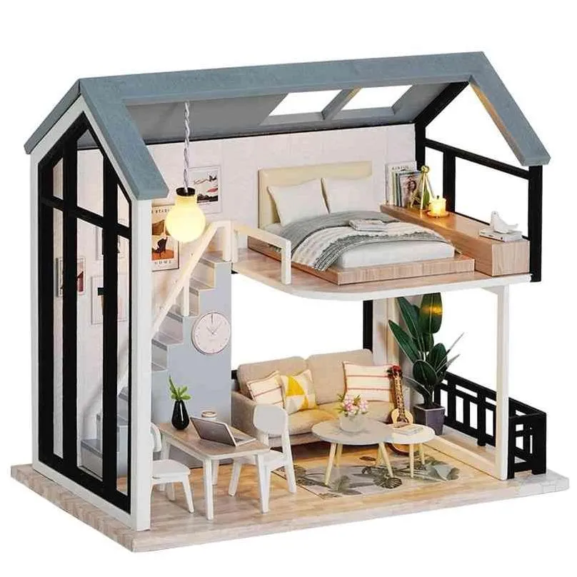 Doll House Accessories Cutebee Diy Dollhouse Kit Trähus Miniatyrmöbler med LED -leksaker för barn Julklapp QL02 2109 DHRZP