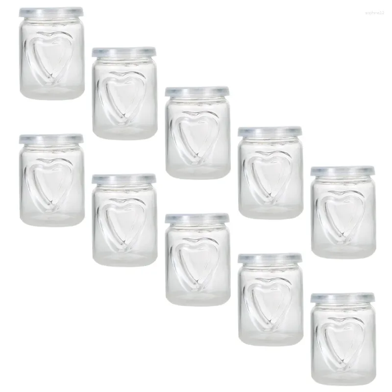 Bouteilles de rangement bouteille pudding pots en verre transparent: 10pcs yogourt conteneur avec couvercles pots de motif cardiaque gelée pour