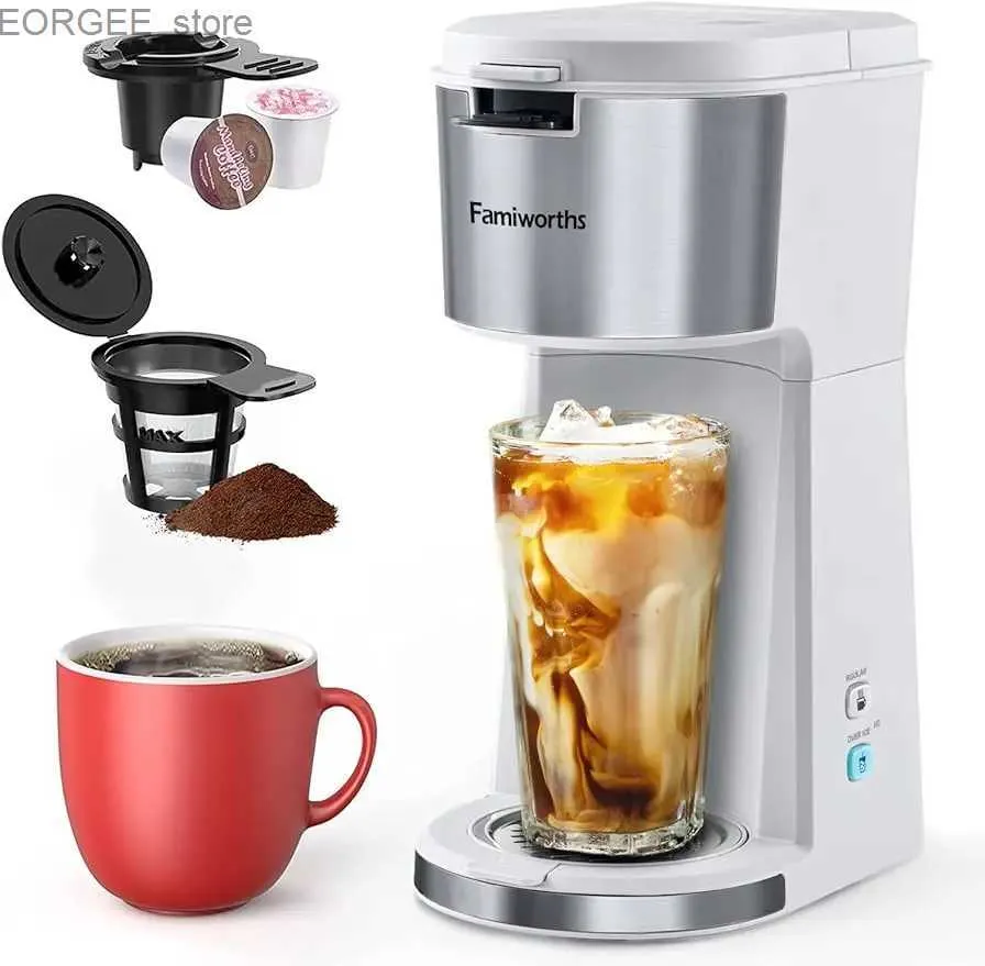 Kaffeemaschinen Famiworths Iced Coffee Maker heiß und kalte Kaffeemaschine Single für K -Tasse und gemahlen mit Descaling Erinnerung und Selbst Y240403