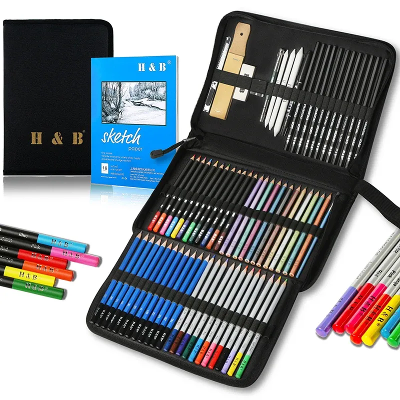 Crayons 72 pcs dessin kit de croquis avec carnet de croquis, crayons d'art, étui, aquarelle, graphite, métallique, crayon à charbon de bois pour art