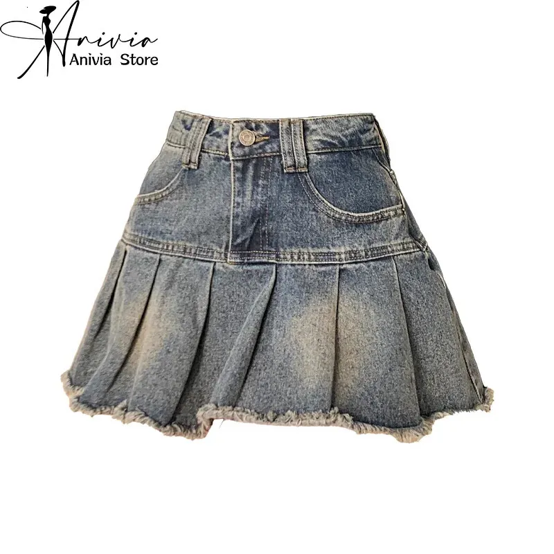 WOMENS Summer Cute Denim Shin Short Short Waist Burr Edge Spliced ​​Casual A-Line Harajuku in stile coreano Y2K Mini gonna a pieghe 240326