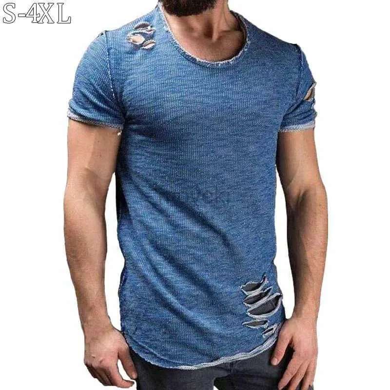 Herr t-shirts plus storlek 4xl sommar streetwear hole t skjortor män avslappnad kort ärm solida män t shirt smal fit tee shirt homme nya män kläder 2443