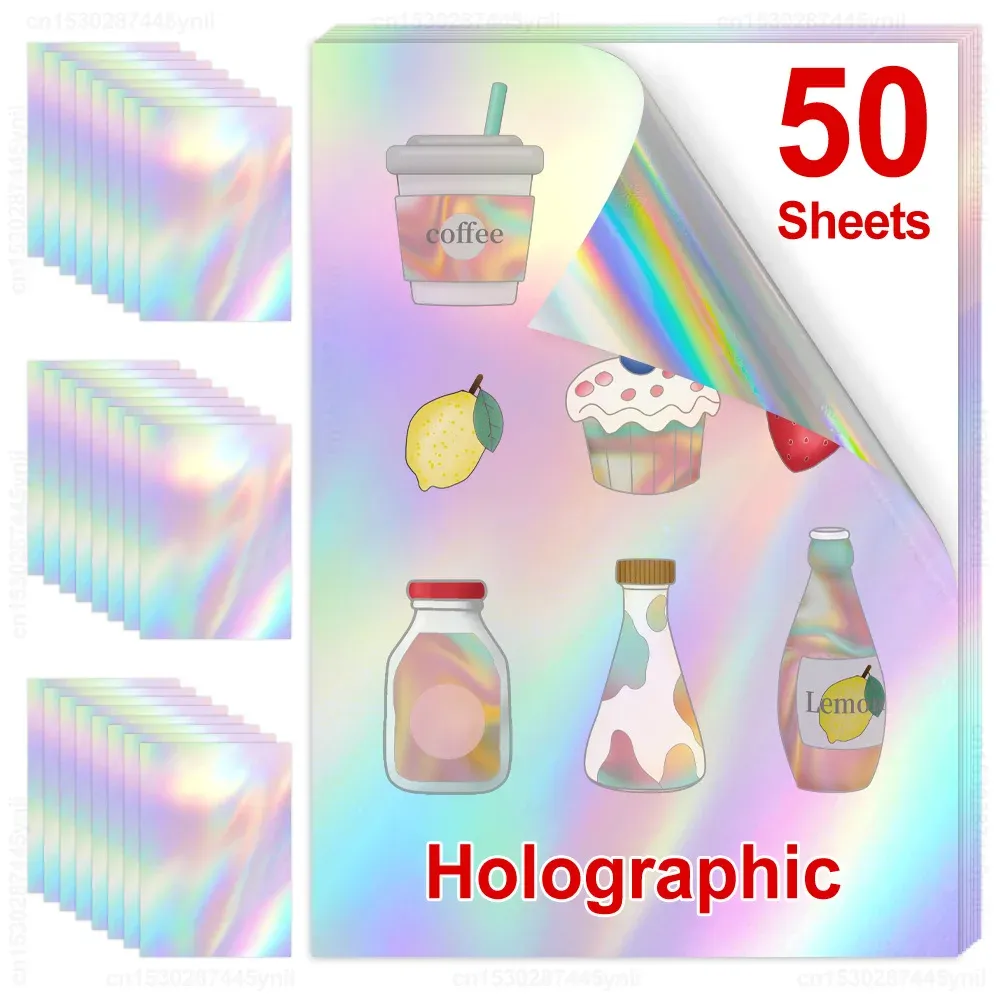 Papier 50 Blätter holographischer druckbarer Vinyl -Aufkleber Papier A4 Glossy White Selfadhäsive Kopie Papier DIY Crafts Label für Tintenstrahldrucker
