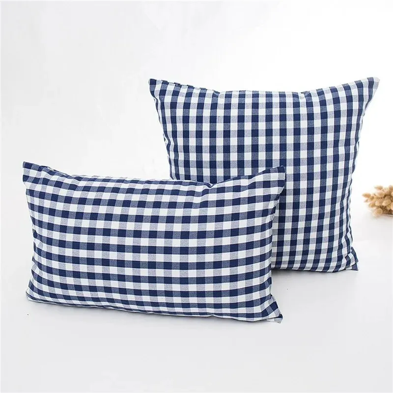 2024 Новый клетчатый полосатый полиэфир хлопковой холст подушка подушка корпус темно -синий стул диван домашний декор.