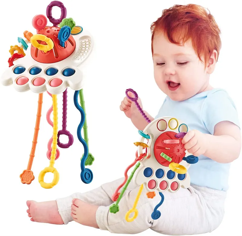 Development Baby Rattle Teether Toys, Montessori Silicone Pull String ...