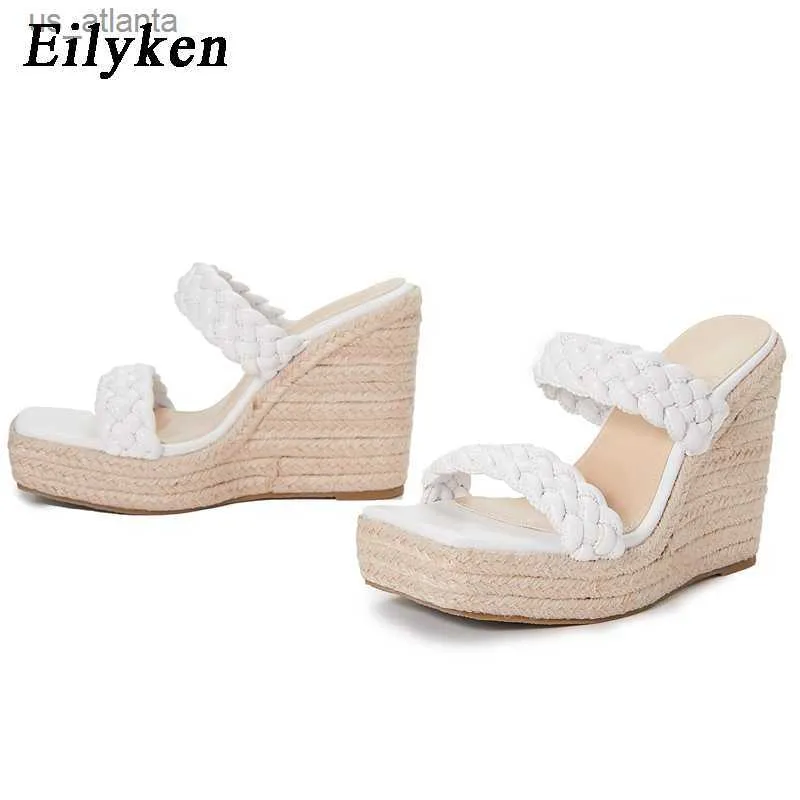 Slippers New Style Braid Wedges Mulheres 2024 Moda Hollow Praça Toe Str Rattan Weave Sliders Summer Shoes fêmeas H2404039B99