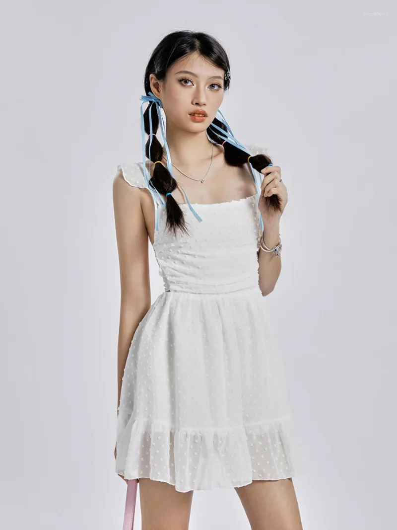 Casual Dresses Womens Summer Dress Sleeve Mini Swiss Dot Spets Tie Backless Sundress Fairy Sleeveless A-Line Ruffle