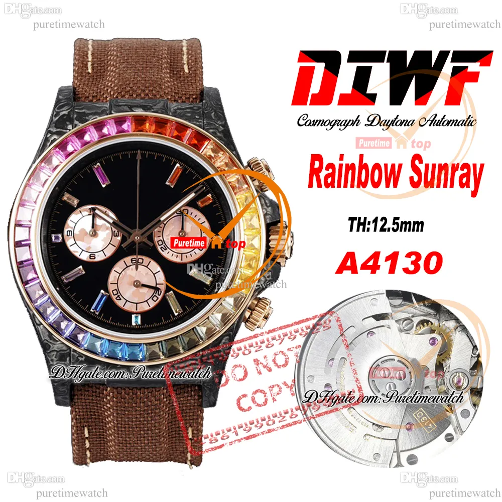 Diw Regenbogen Sunray Carbon A4130 Automatische Chronographen Herren Watch Diwf Schwarze Diamanten Zifferblatt Brauner Nylon -Gurt Super Edition gleiche Serienkarte Reinigungszeit Reloj Ptrx F2