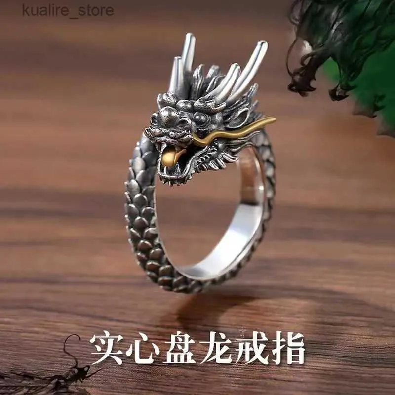 Cluster Rings S925 Silver Plated New Vintage Solid Dominican Ring for Mens Zodiac Dragon Auspicius och Safe Ethnic St L240402