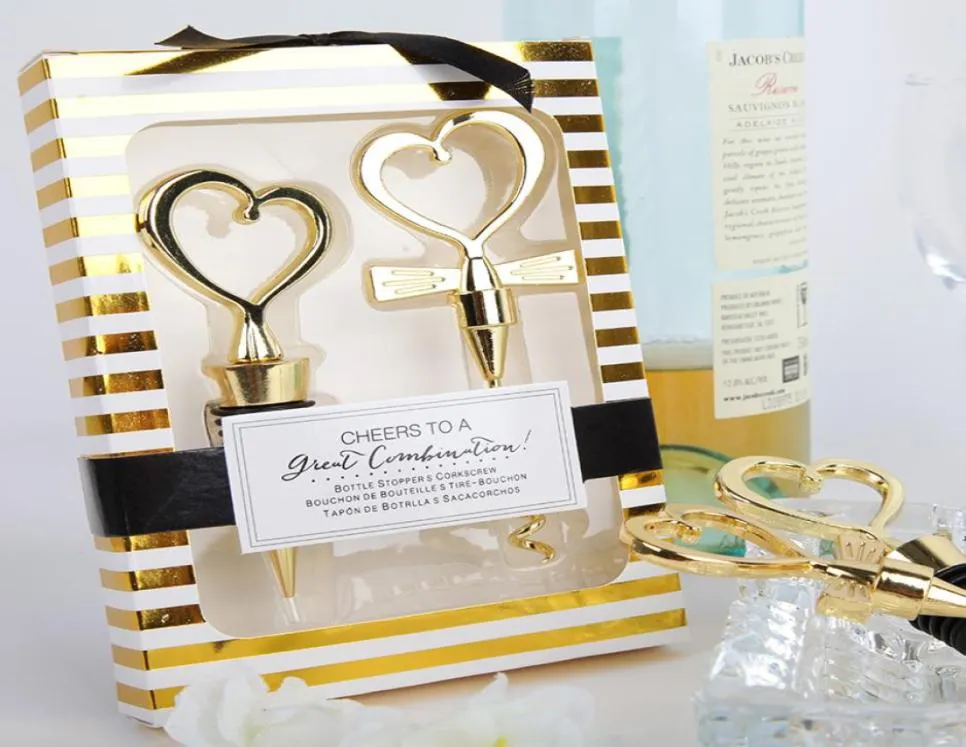 10pcs Gold Heart Wine Bottle Botter Setpper z pudełkiem na prezent Wedding Favors Party Prezent Świąteczny 4166785