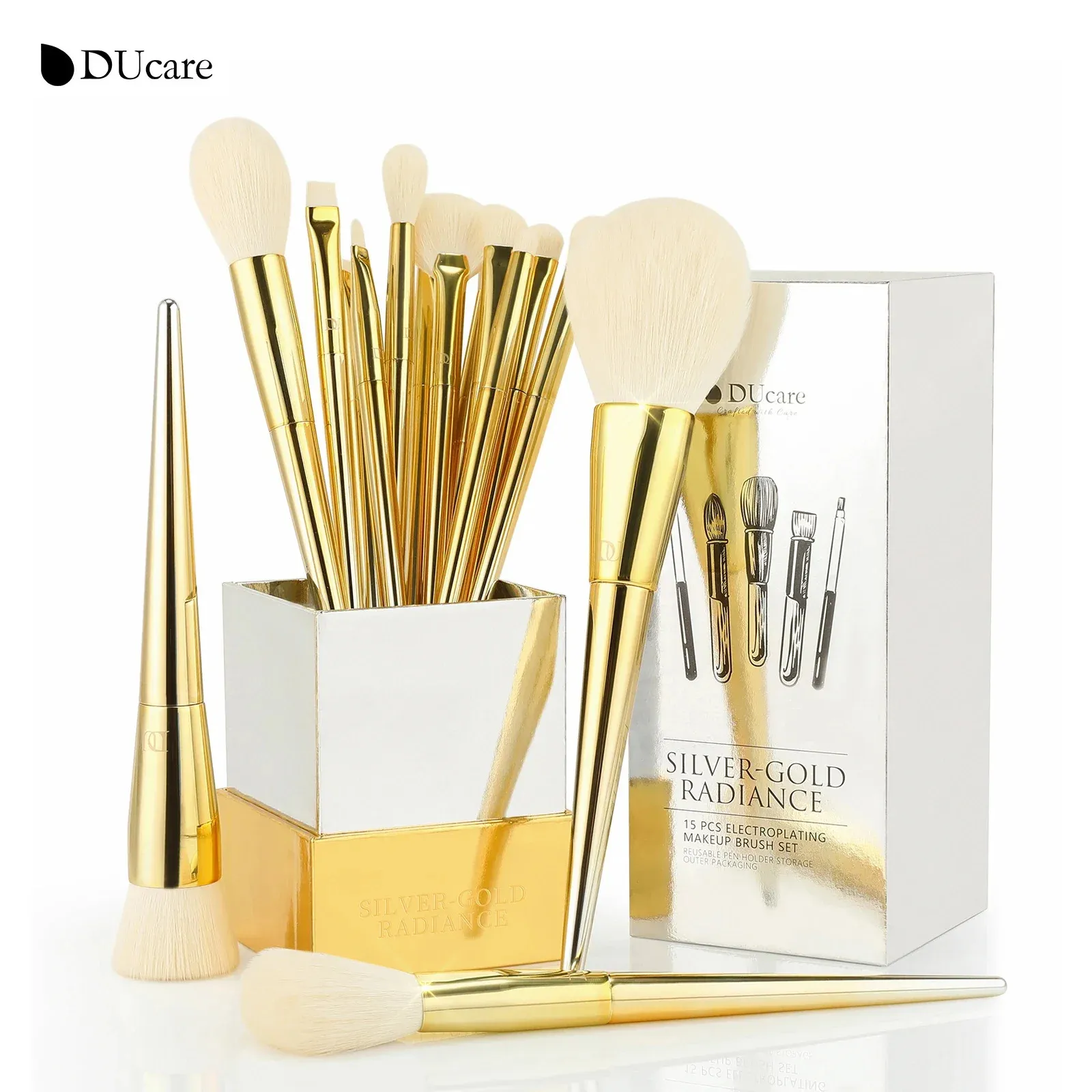 DUcare Makeup Brush Set 15PCS Powder Blush Contour Eyeshadow Lip Eyelashes Concealer Blending Make Up Brush SLIVER-GOLD RADIANCE 240327