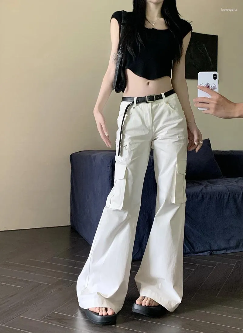 Women's Pants Benuynffy American Retro Pocket Design Wide-leg Cargo Low Waist Loose Casual Flare Streetwear Without Belt