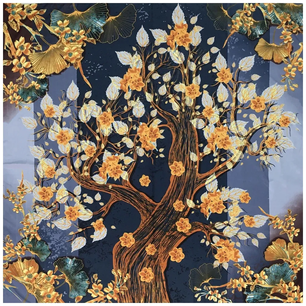 130cm Retro Tree of Life Sconef Apricot Flor Brand Women Women Silk Bandanna Twill Print Shawl Head Lenves Kerchief 240325