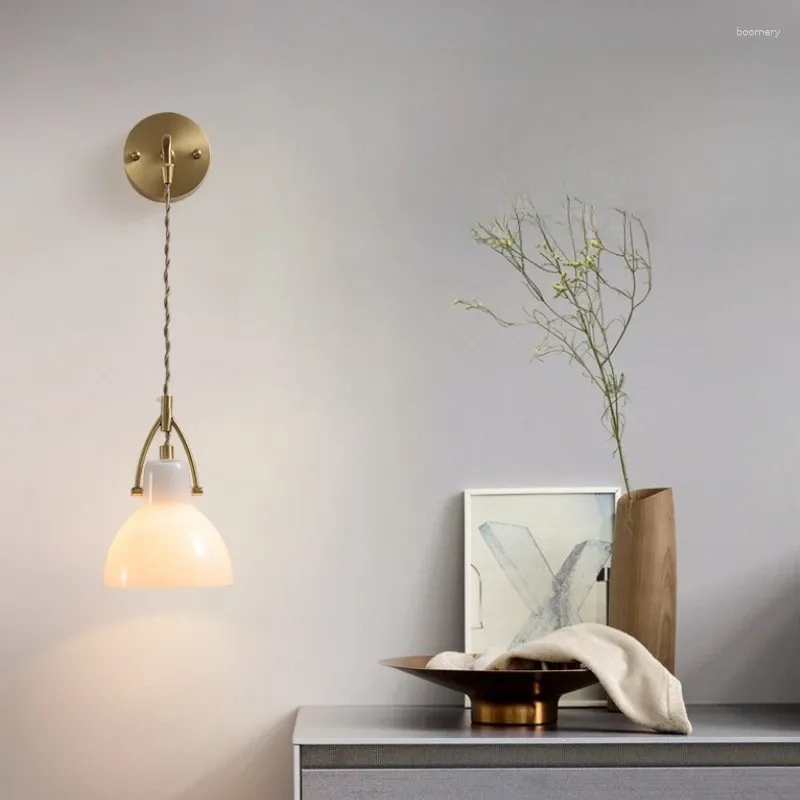Wandlamp volledig koperen licht luxe woonkamer hangende draad Japanse stijl minimalistisch glas slaapkamer nachtkastje