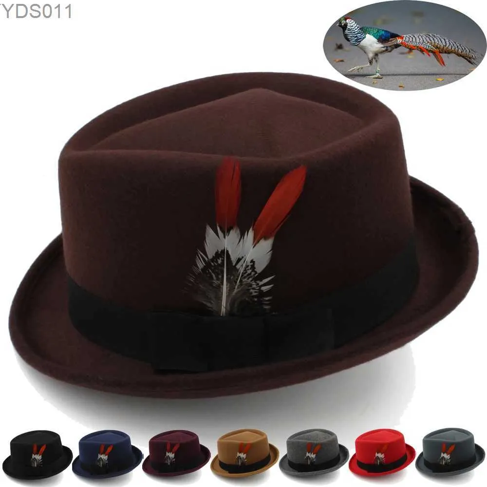 Wide Brim Hats Bucket Womens Diamond Top Feather Band Pork Pie Hat Fedora Sunhat Trilby Jazz Party Outdoor Travel Winter Size US 7 1/4 UK L yq240403