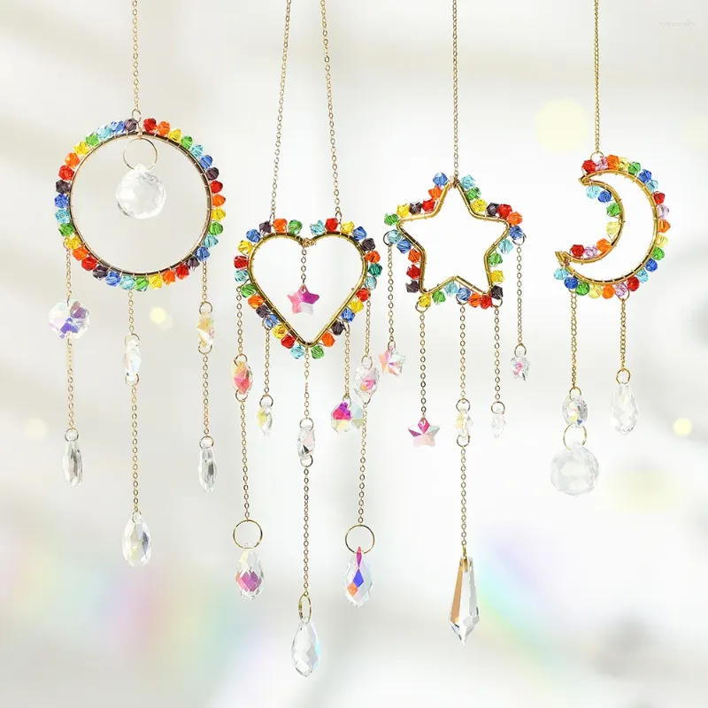 Estatuetas decorativas Rainbow Star Moon Crystal Sun Catcher pendurado pingentes Janela Garden Wind Chime Bedroom Decoração Aeolian Bells