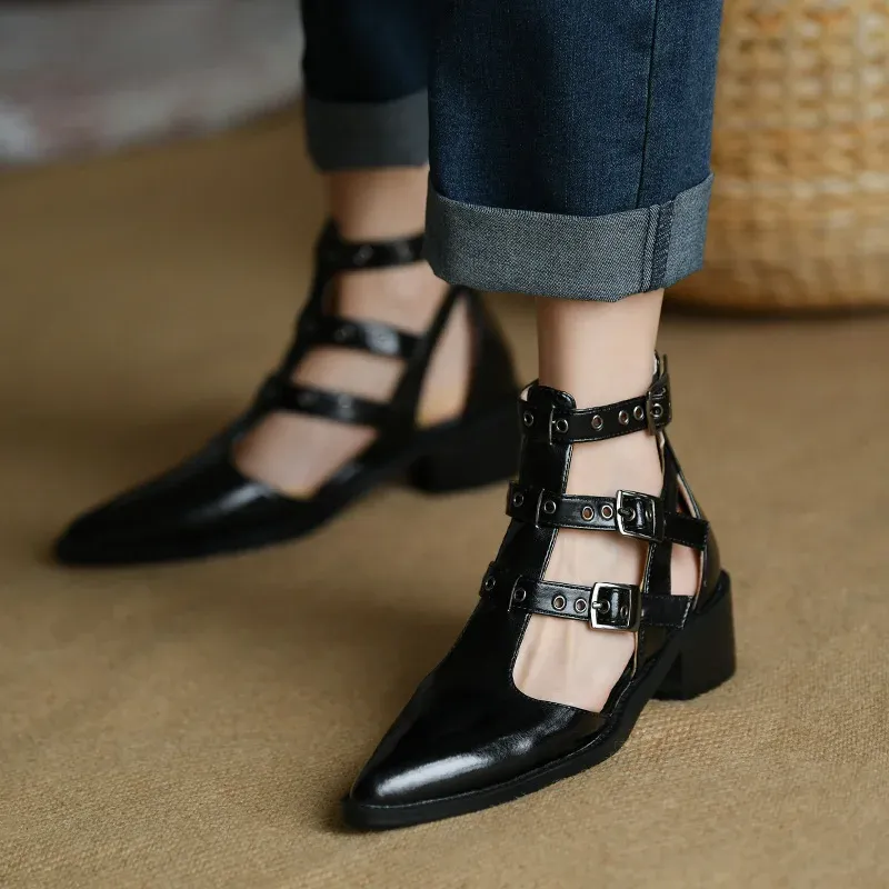 Slippers Roman Women Shoes Summer Chunky Heel Sandals Pointed Toe Strap High Shoes Casual Black Fashion Ladies Hollow Ankle Boots