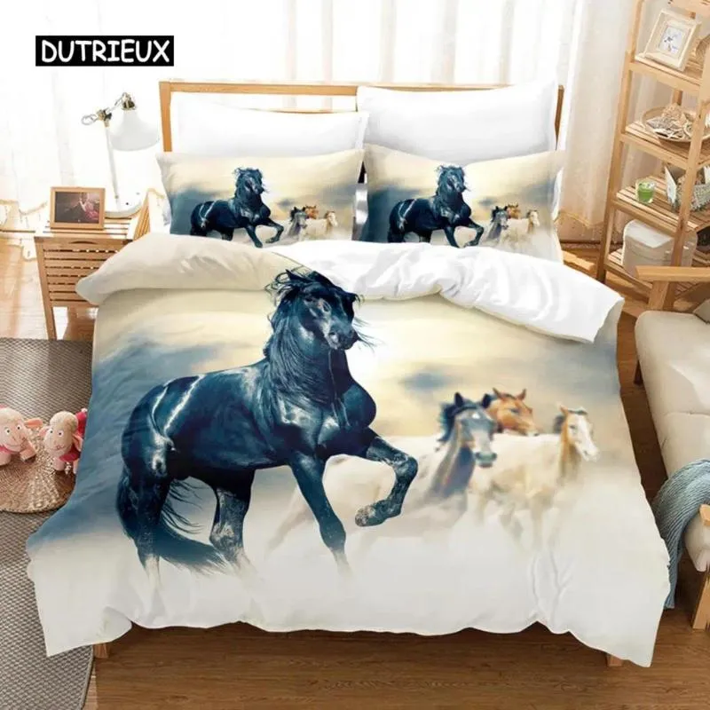 Ensembles de literie Horse Coup de couette King Size Black blanc marron marron imprimé Polyester 3d Animal pour adultes adolescents Consoard