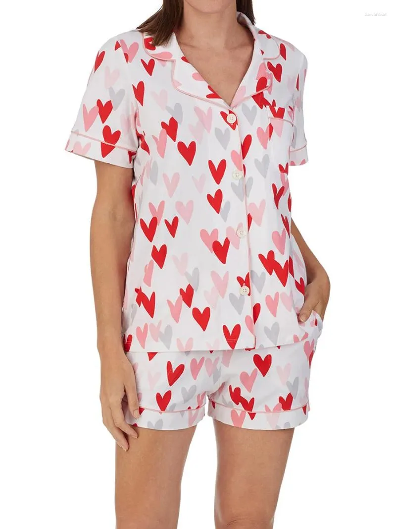 Hemkläder Y2K Love Satin Pyjama Set Short Sleeve Lapel Neck Button Down Topps Elastic midjeshorts 2 bitar Sovkläder för kvinnor