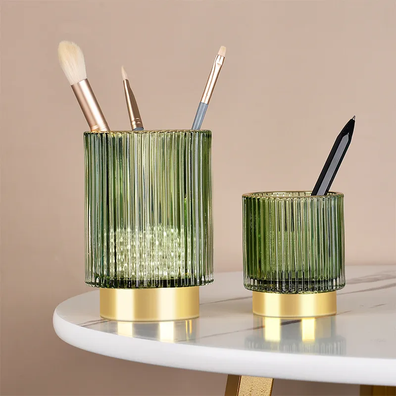 Phnom Penh Seau de rangement en verre rayé épais porte-stylo tasse vert foncé seau à brosse cosmétique vase de bureau vase à fleurs hydroponique