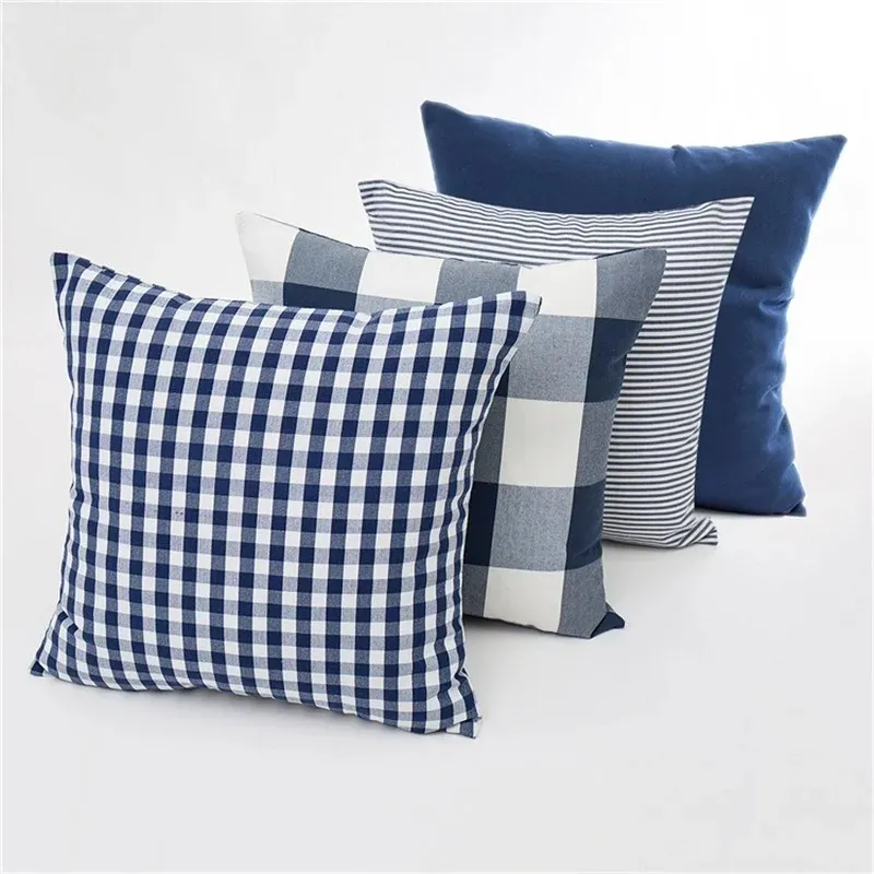 2024 New Plaid Striped Polyester Cotton Canvas Cushion Cover Pillow Case Navy Blue Chair Sofa Home Decor Throw Pillow Cover