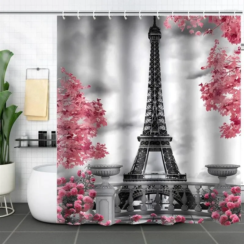 Shower Curtains Eiffel Tower Romantic Pink Rose Flower Bath Curtain Polyester Waterproof For Home Decor With 12 Hooks 72x72 Inch