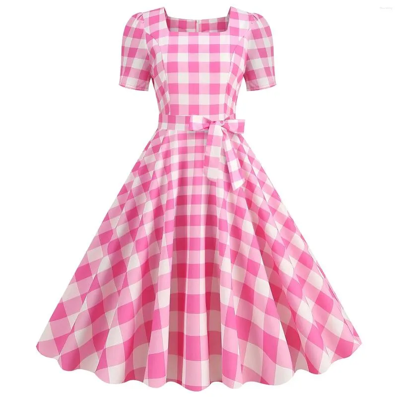 Casual Dresses Vintage Plaid Printed Cocktail Party Women's Waistband Short Sleeve Prom Ruffles Soft Milk Silk Long