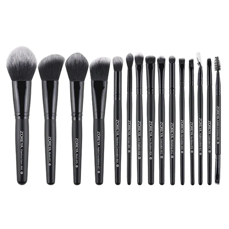 Zoreya 15 PCS Luxury Balck Makeup Brushesセットツールプロフェッショナルファンデーションパウダーアイライナーアイシャドウメイク240403