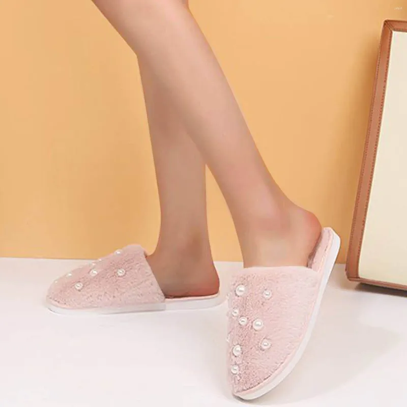Slippers que aquecem femininos de fundo liso de pérolas de moda de moda de moda de algodão