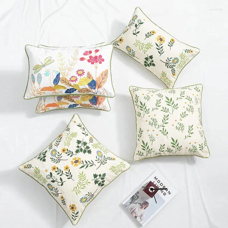 Pillow Sofa Covers Plant Flowers Cotton Embroidery Dragonfly 45x45cm