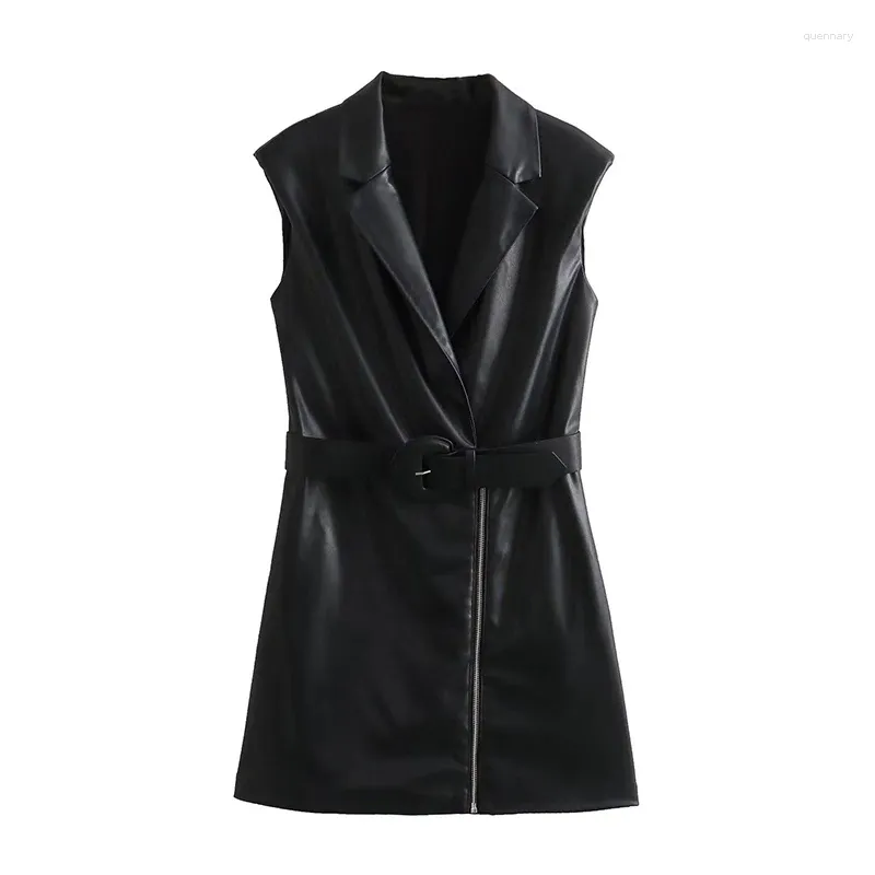 Casual Dresses Autumn Women With Belt Black Faux Leather Vest Dress Mini Vestido