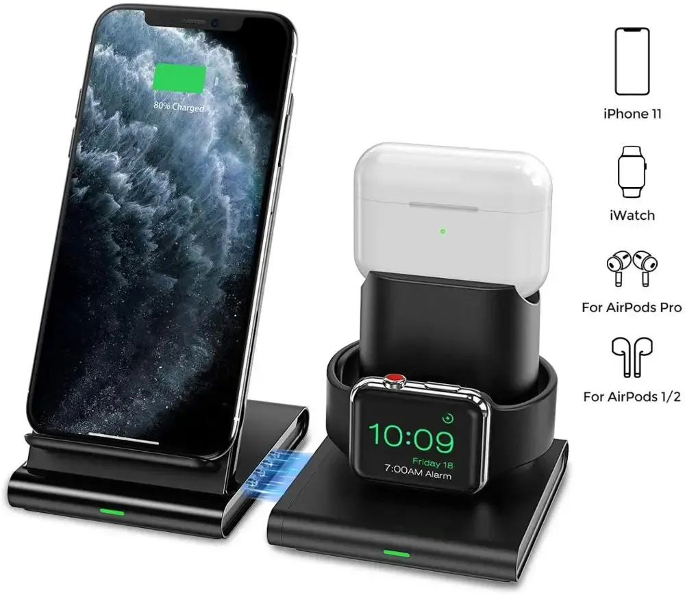 LASTOORTSEN KUE CHARGEUR SANS WIRESS 3 IN 1 Station de charge sans fil pour Phone Watch Pro / 2, Station d'amarrage détachable et magnétique