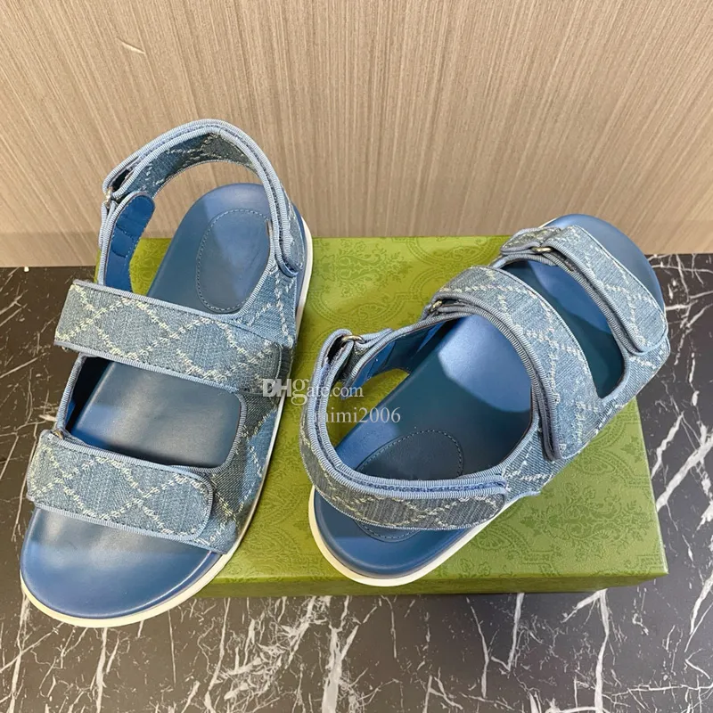 Designer Women Slides Sandals Beach Flat Slippers Denim Light 2.0CM Thick Bottom Blue Script Embroidered Summer Fall Mules Outdoor Waterproof Luxury Size 35-42