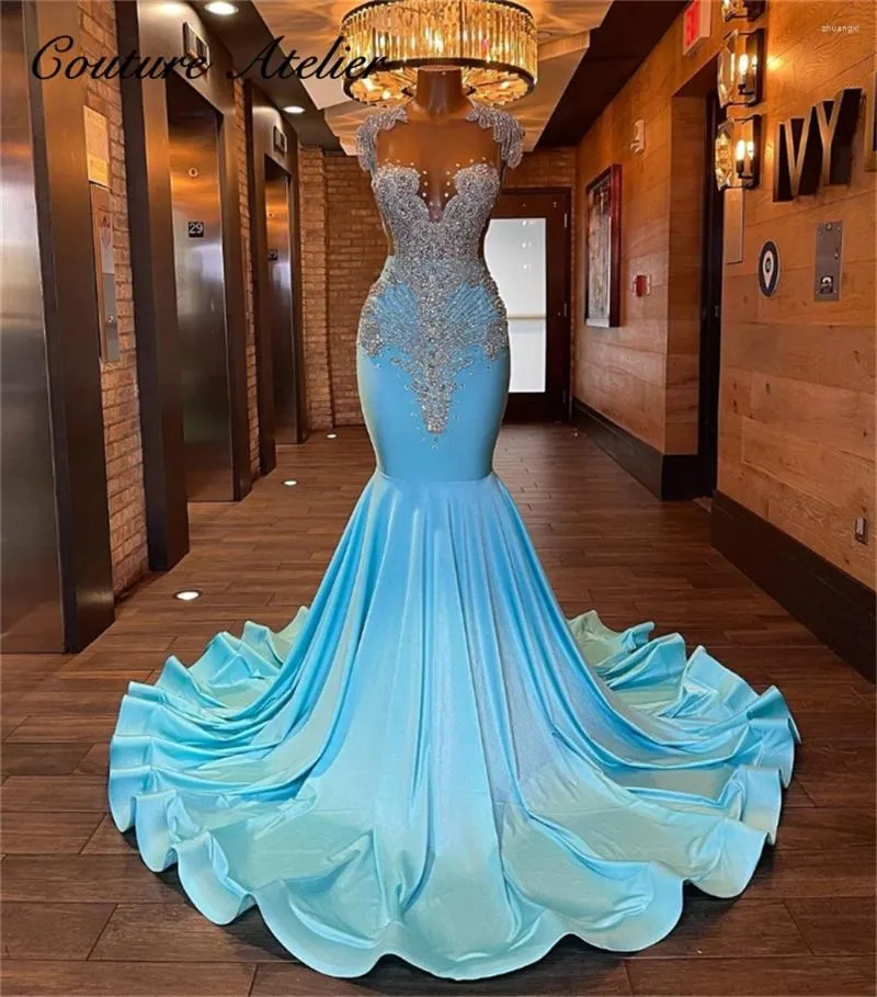 Feestjurken Sky Blue Velvet Silver Crystal Beading Prom jurk zwarte meisjes zeemeermin dames voor speciale gelegenheden sexy jurken