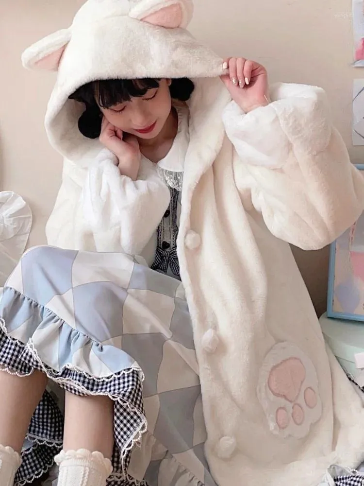 Women's Jackets Japanese Lolita Kawaii Wool Coat Women Long Sleeve Korea Cute Hooded Jacket Female Pockets Sweet Outwear Warm Autumn Winter