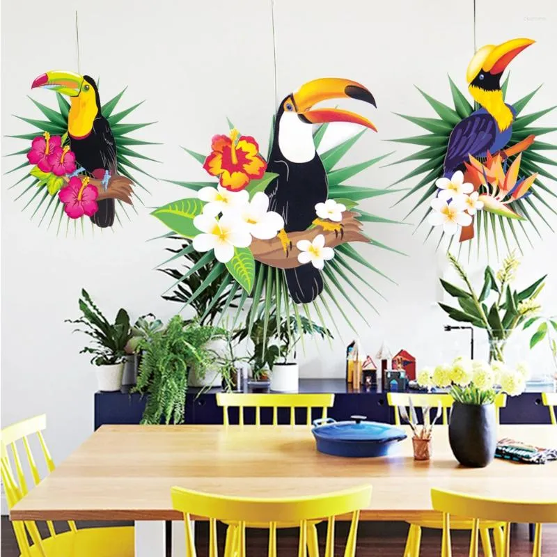 Party-Dekoration, 3 Stück, Tukan-Papierfächer, hängende Palmblätter für Dschungel, tropisches Thema, hawaiianische Sommer- und Kindergeburtstagslieferungen