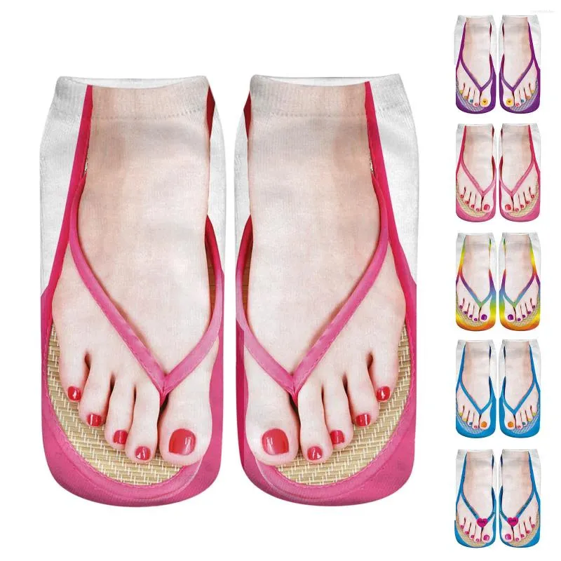 Women Socks 3D Pattern Manicure Print Flip Flop Funny Hidden Running Low Cut Ankle Shape FX9BP