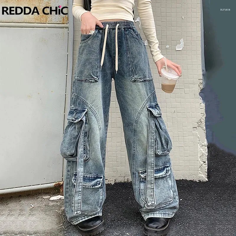 Mäns jeans reddachic hiphop män baggy dragstring elastiska midjor fickor breda byxor nödställda blå retro y2k byxor last arbetskläder